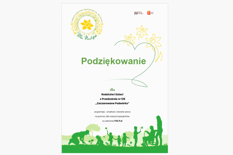 Podziękowanie dla Rodziców i Dzieci z Przedszkola nr 126 "Zaczarowane Podwórko" za pamięć, wrażliwe i otwarte serce na pomoc dla naszych pacjentów, za zebranie 735,71zł.